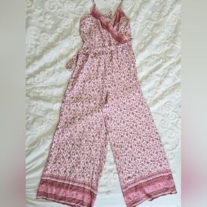 Wide Leg Pink+Purple Floral V- Neck Jumpsuit Resortwear Boho Sz Small
